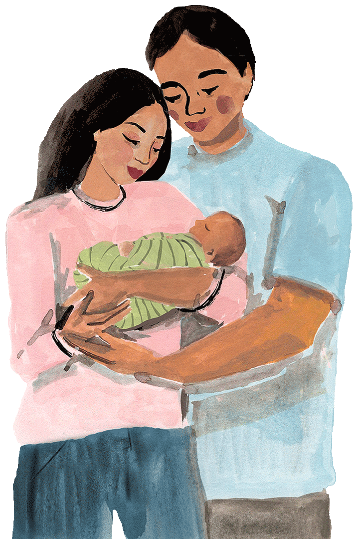 Illustration zeigt zufriedene Eltern, ihr Neugeborenes liebevoll bewundernd. Mutter hält Baby im Arm, Vater schmiegt sich sanft an die Mutter.