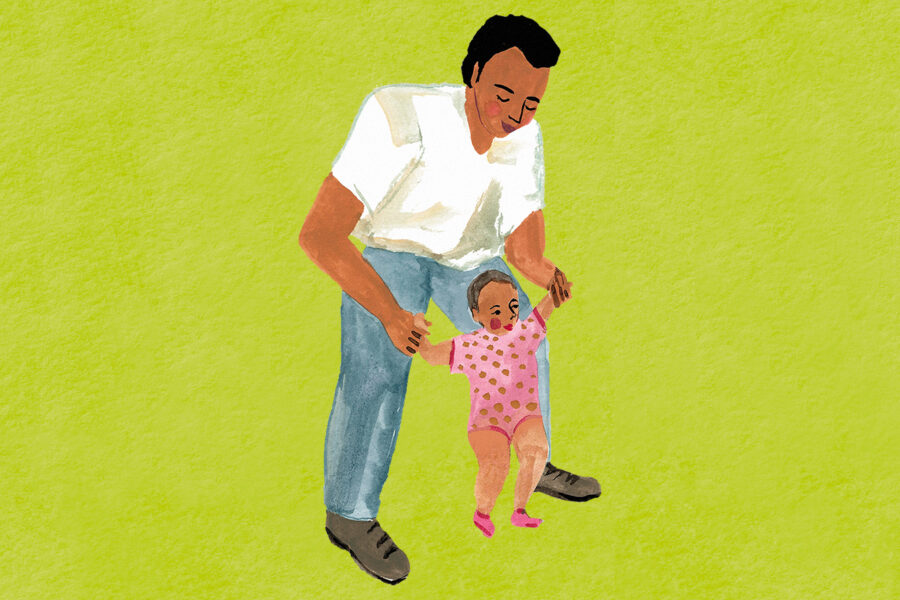 Illustration zeigt Vater, der mit dem Kleinkind erste Gehversuche an der Hand übt.