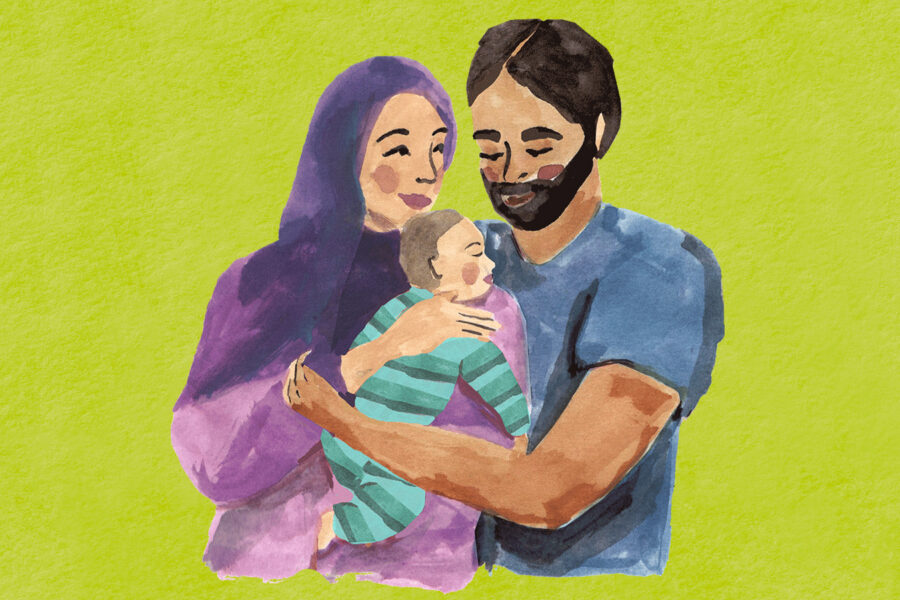 Illustration zeigt zufriedene Mutter ihr Baby im Arm haltend sowie glücklichen Vater, der Mutter und Baby umarmt.