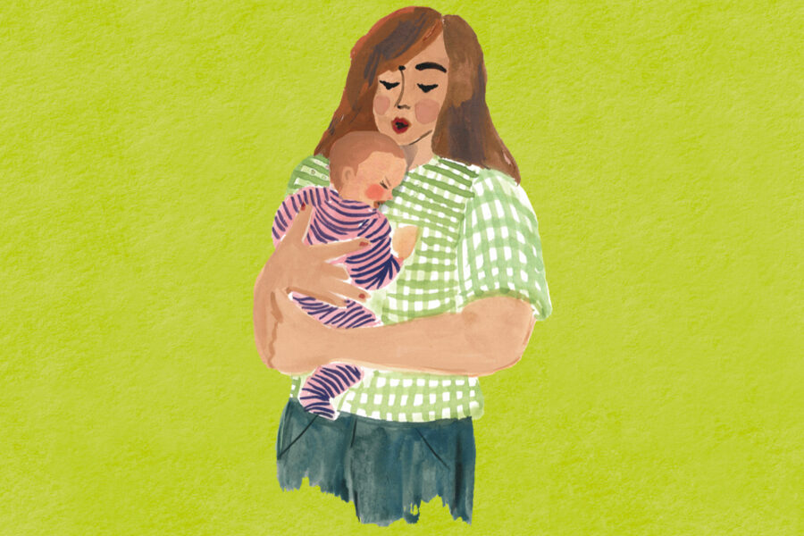 Illustration zeigt Mutter mit Baby im Arm. Sie wirkt beruhigend auf dieses ein.