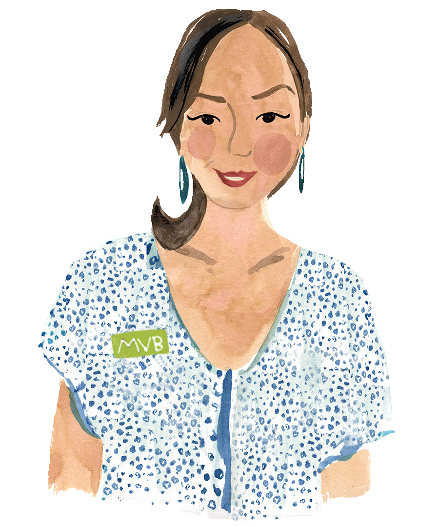 Illustration zeigt Porträt einer lächelnden, sympathischen Beraterin mit animiertem Augenzwinkern.